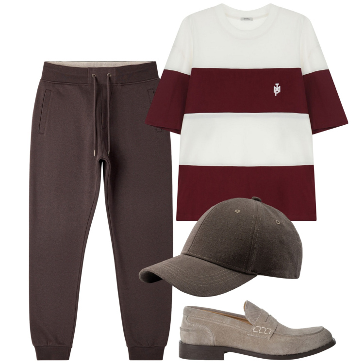 Outfit uomo - Per il giorno. Stile Urban per Tutti i giorni. Abbinamento con pantaloni, t-shirt, scarpe stringate, cappelli con visiera.