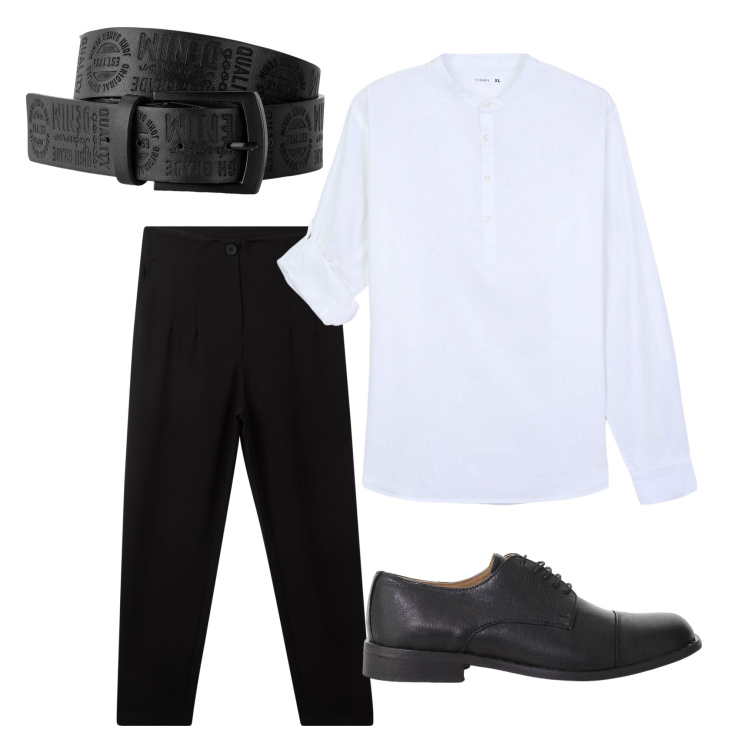Outfit uomo - Black and White. Stile Business/Elegante per Tutti i giorni. Abbinamento con cinture, pantaloni chino, camicie, scarpe stringate.