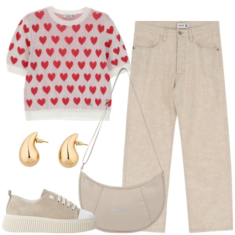 Outfit donna - Una cascata di cuori. Stile Casual per Scuola/Università. Abbinamento con orecchini, maglieria, pantaloni, sneakers, borse a spalla.