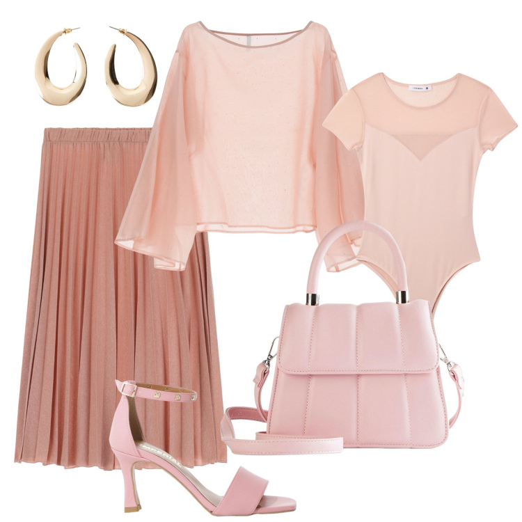 Outfit donna - Rientro in toni rosa. Stile Casual chic per Ufficio. Abbinamento con orecchini, borse a tracolla, body, gonne, bluse, sandali col tacco.