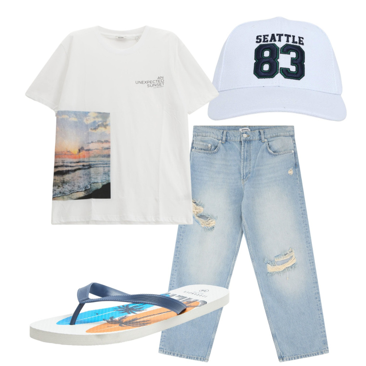 Outfit uomo - Molto Easy. Stile Casual per Tutti i giorni. Abbinamento con sandali, cappelli, jeans strappati, t-shirt.