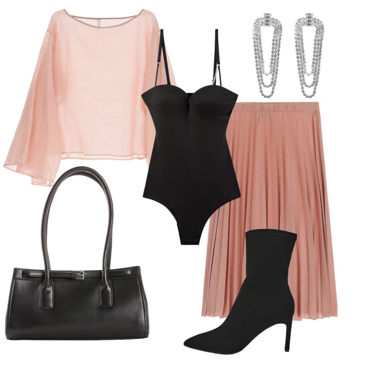 Outfit donna - Rientro grintoso. Stile Casual chic per Ufficio. Abbinamento con borse a mano, stivali, body, orecchini, gonne, bluse.
