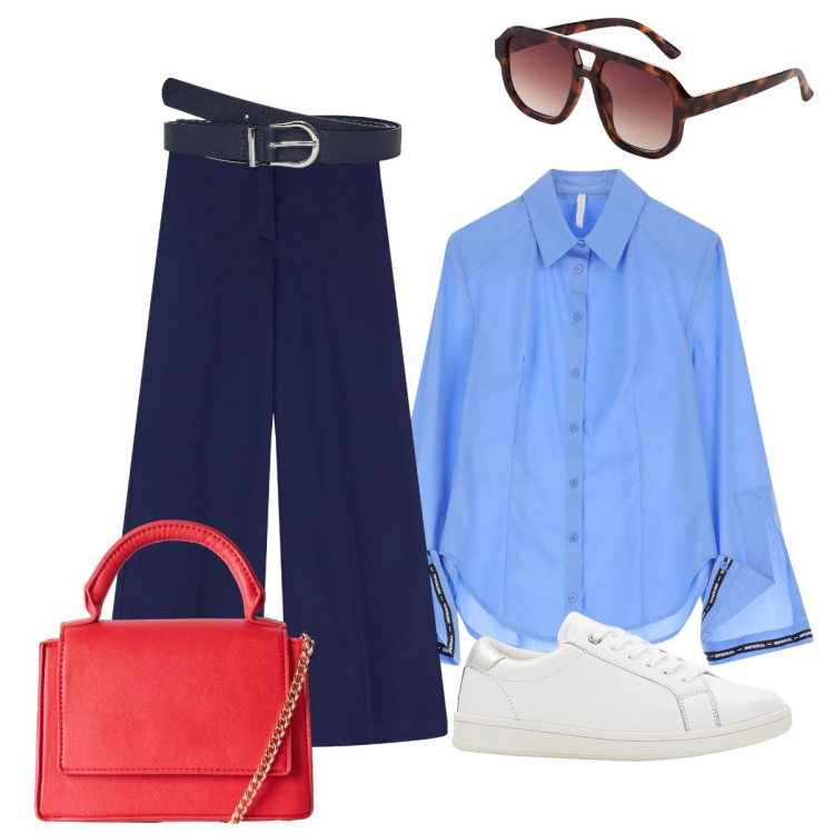 Outfit donna - In città. Stile Casual chic per Tutti i giorni. Abbinamento con sneakers, occhiali da sole, borse a tracolla, cinture, pantaloni, camicie.