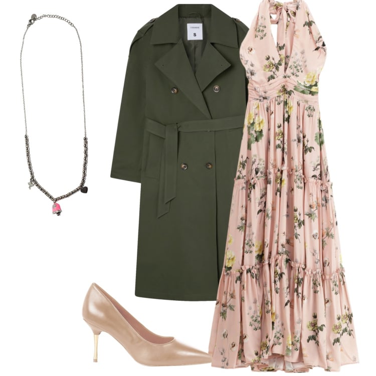 Outfit donna - Total look #2235783. Stile Chic per Cerimonia. Abbinamento con trench, décolleté, vestiti lunghi, ciondoli.