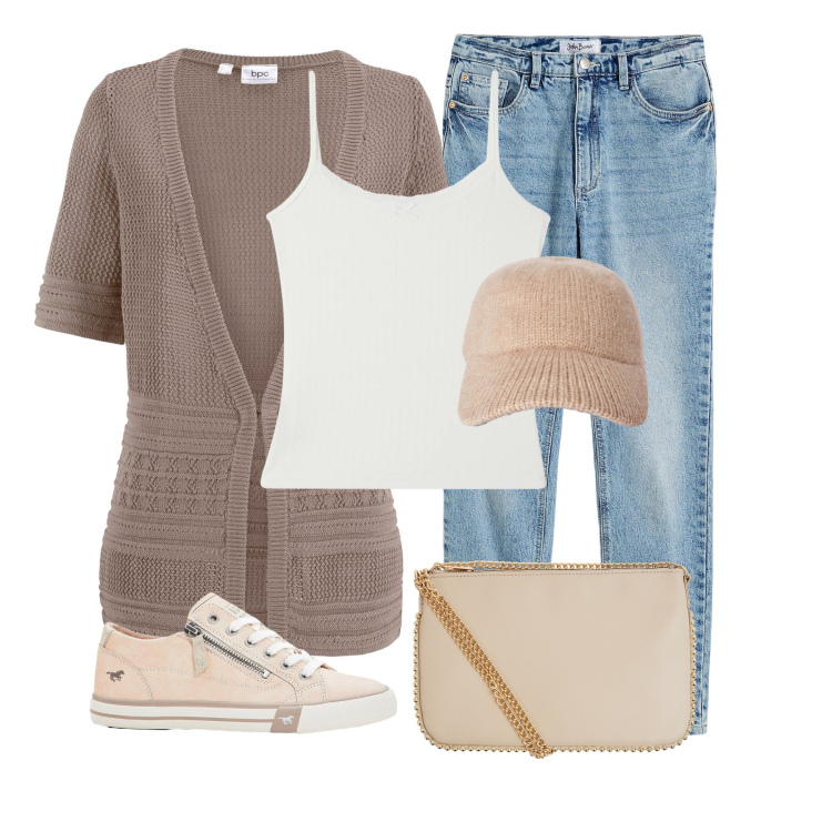 Outfit donna - Cardigan. Stile Casual chic per Tutti i giorni. Abbinamento con cardigans, jeans dritti, sneakers, magliette intime, cappelli con visiera, borse a tracolla.