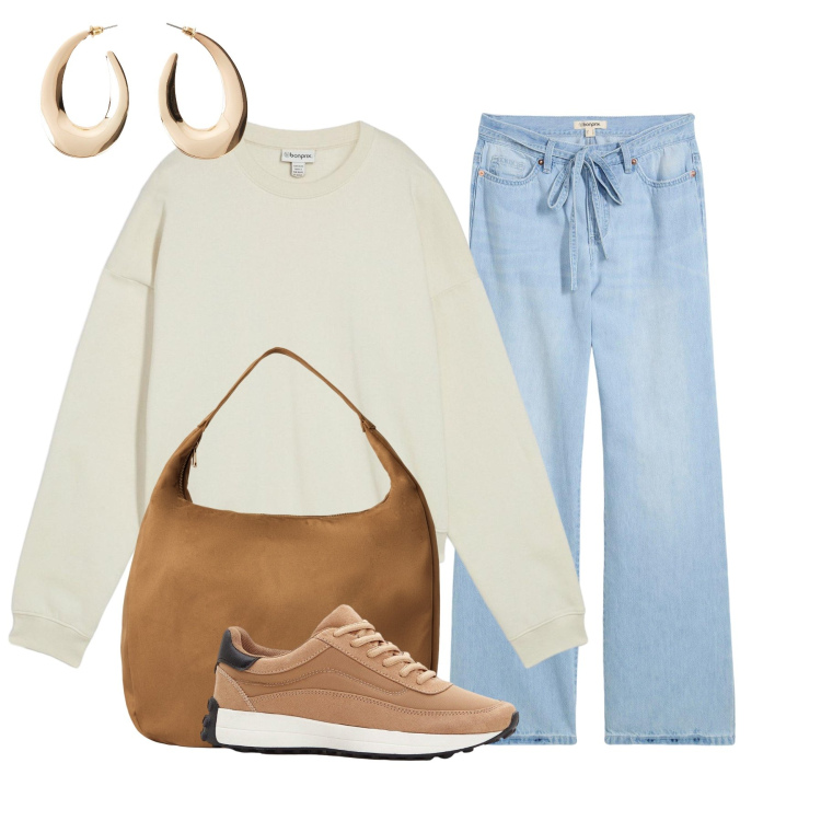 Outfit donna - Martedì. Stile Casual per Tutti i giorni. Abbinamento con jeans, sneakers, felpe, orecchini, borse a mano.