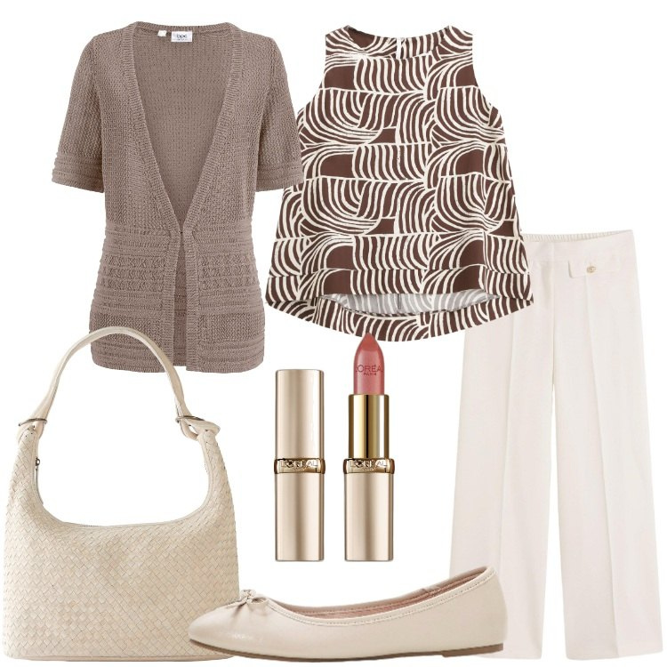 Outfit donna - Back to style: il rientro con stile. Stile Bon Ton per Tutti i giorni. Abbinamento con pantaloni, shopping bag, cardigans, ballerine, rossetti, top.