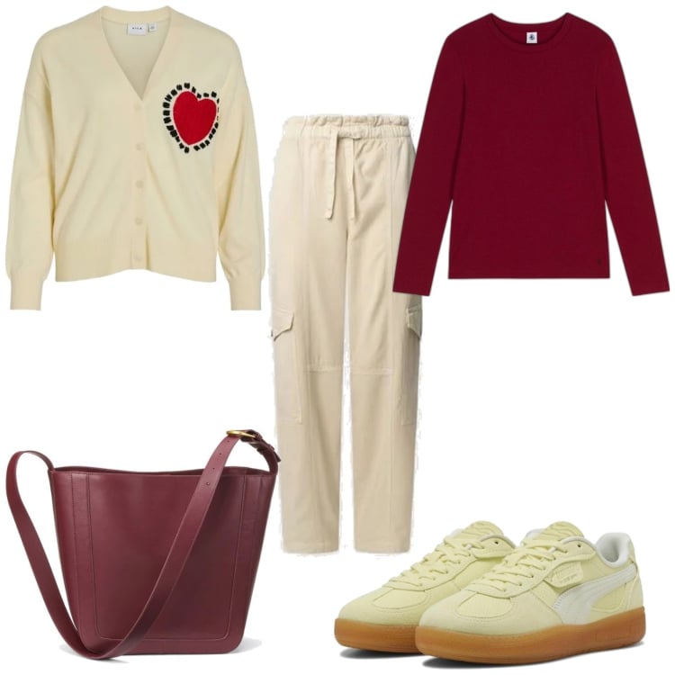 Outfit mujer - City basic. Estilo Basic para Todos los días. Combinación con pantalones cargo, cárdigans, sneakers, bolso tote, camiseta.