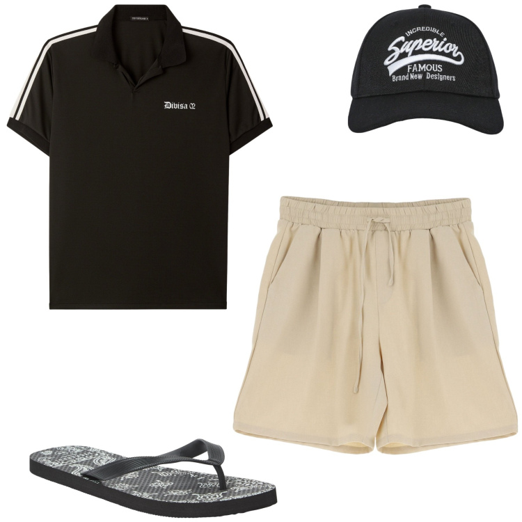 Outfit uomo - I\'m vacanza. Stile Casual per Mare. Abbinamento con sandali, cappelli con visiera, polo, bermuda.