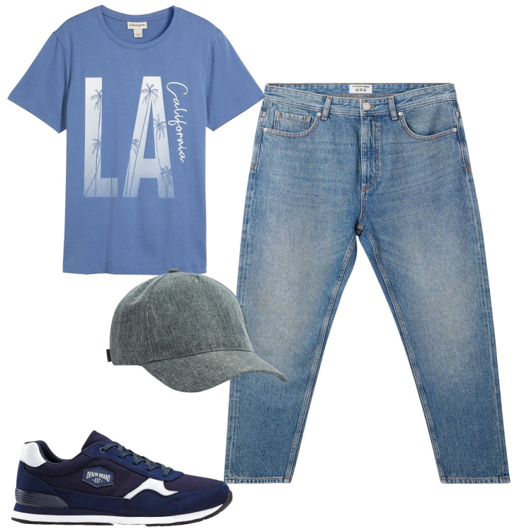 Outfit uomo - Agosto. Stile Casual per Tutti i giorni. Abbinamento con sneakers, t-shirt, cappelli, jeans.
