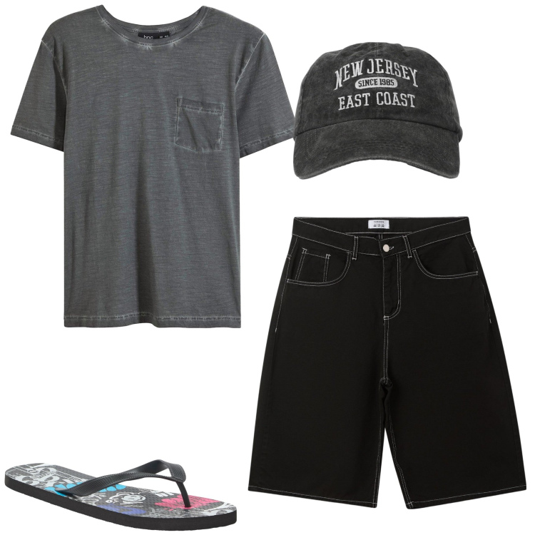 Outfit uomo - Agosto. Stile Casual per Tutti i giorni. Abbinamento con t-shirt, sandali, bermuda, cappelli con visiera.
