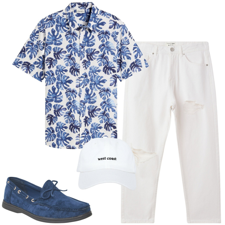 Outfit uomo - Agosto. Stile Casual per Tutti i giorni. Abbinamento con camicie a manica corta, scarpe stringate, cappelli, jeans strappati.