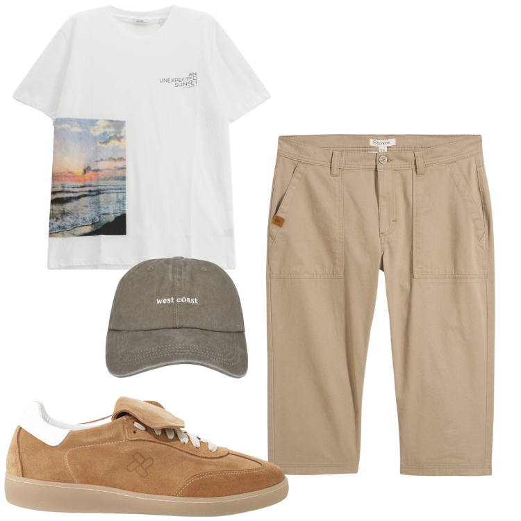 Outfit uomo - City. Stile Casual per Tutti i giorni. Abbinamento con bermuda, cappelli, sneakers, t-shirt.