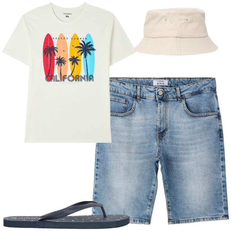 Outfit uomo - Total look #2235819. Stile Casual per Mare. Abbinamento con t-shirt, cappelli, sandali, bermuda.