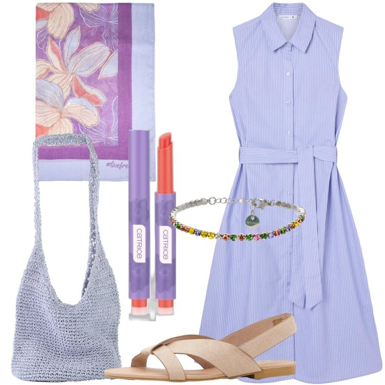 Outfit donna - Giornata in un borgo estivo. Stile Casual chic per Tutti i giorni. Abbinamento con shopping bag, sandali, rossetti, vestiti chemisier, braccialetti, stole.