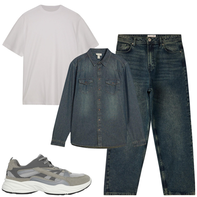 Outfit uomo - Total look #2235832. Stile Casual per Tutti i giorni. Abbinamento con camicie, sneakers, jeans, t-shirt.