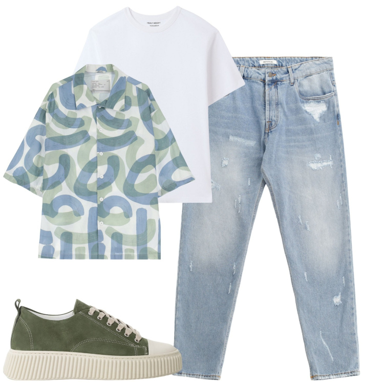 Outfit uomo - Total look #2235833. Stile Casual per Tutti i giorni. Abbinamento con t-shirt, sneakers, camicie a manica corta, jeans strappati.