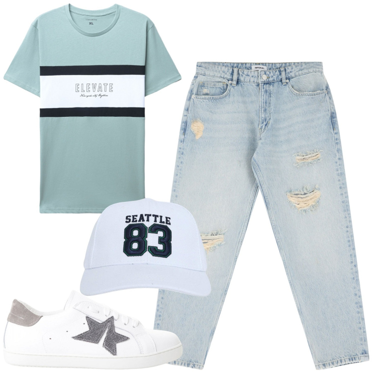Outfit uomo - Total look #2235834. Stile Casual per Tutti i giorni. Abbinamento con cappelli, t-shirt, sneakers, jeans strappati.
