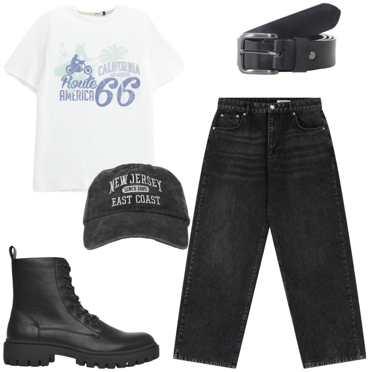 Outfit uomo - Total look #2235835. Stile Biker Rock per Tutti i giorni. Abbinamento con anfibi, cappelli con visiera, cinture, jeans dritti, t-shirt.