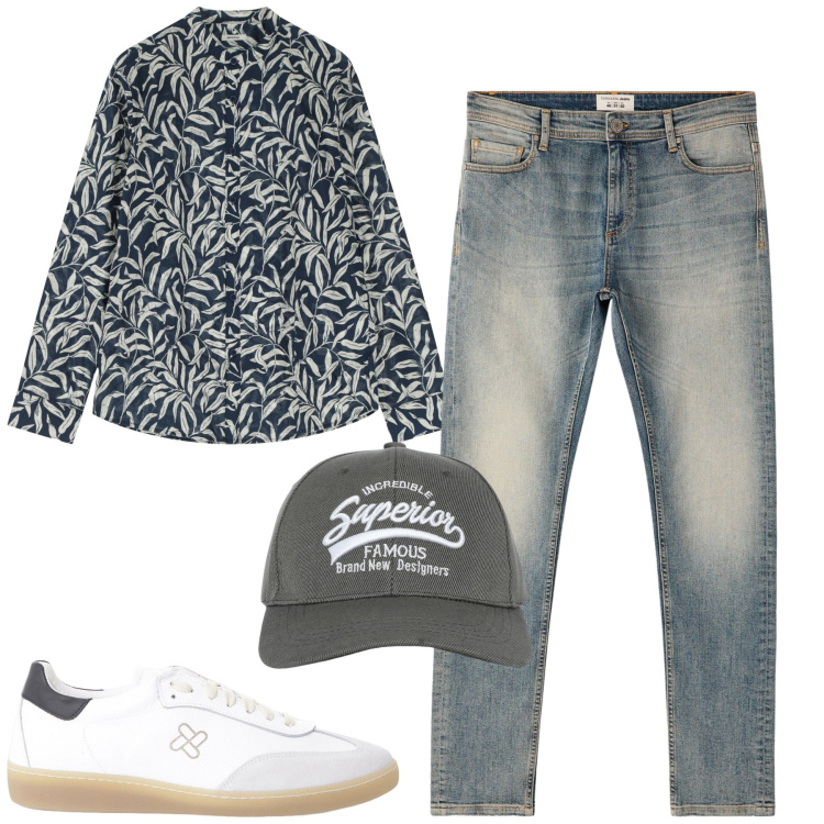 Outfit uomo - Total look #2235836. Stile Casual per Tutti i giorni. Abbinamento con jeans skinny, cappelli con visiera, sneakers, camicie.