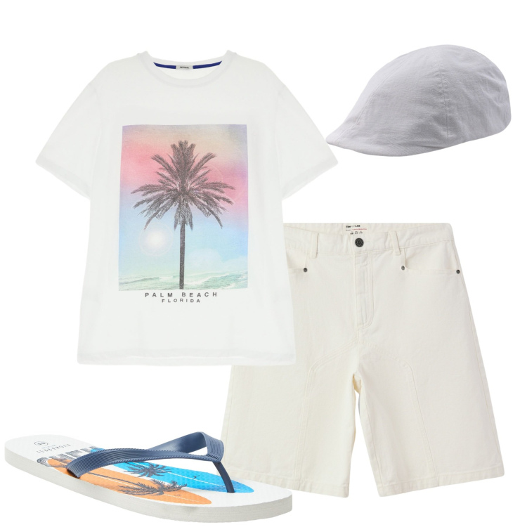 Outfit uomo - Mare. Stile Casual per Mare. Abbinamento con sandali, bermuda, t-shirt, cappelli con visiera.