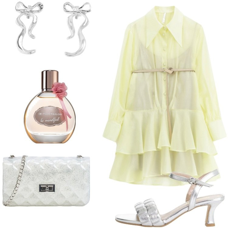 Outfit donna - Giallo burro e silver. Stile Romantica per Serata fuori. Abbinamento con profumi, borse a tracolla, orecchini, sandali col tacco, vestiti corti.