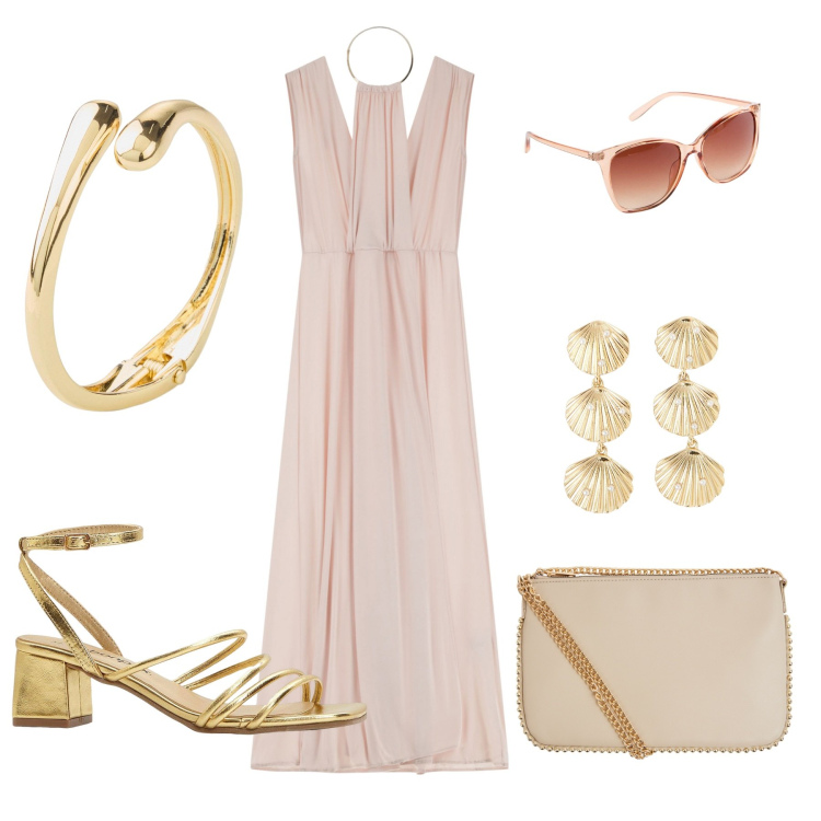 Outfit donna - settembre style. Stile Romantica per Serata fuori. Abbinamento con sandali col tacco, braccialetti, occhiali da sole, borse a tracolla, orecchini, vestiti lunghi.