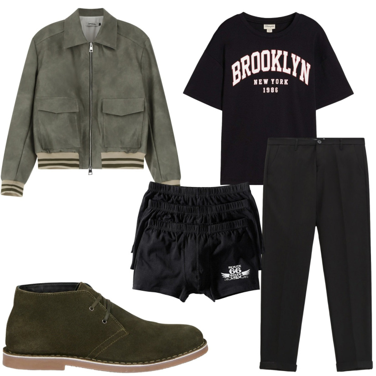 Outfit uomo - Total look #2235883. Stile Casual per Tutti i giorni. Abbinamento con boxer, t-shirt, bomber, pantaloni, stivali e stivaletti.