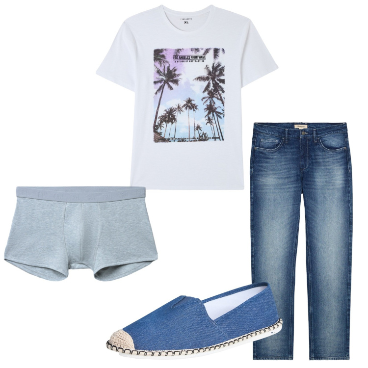 Outfit uomo - Total look #2235902. Stile Casual per Mare. Abbinamento con jeans dritti, t-shirt, espadrillas, boxer.