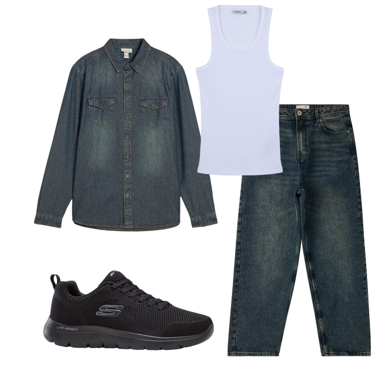 Outfit uomo - Total look #2235905. Stile Casual per Tutti i giorni. Abbinamento con sneakers, camicie, canottiere, jeans.