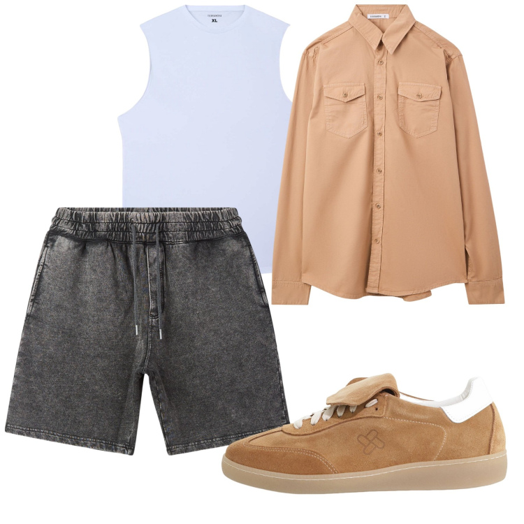 Outfit uomo - City e total look. Stile Casual per Tutti i giorni. Abbinamento con camicie, pantaloni corti, canottiere, sneakers.