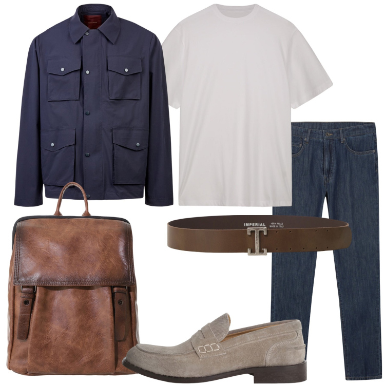 Outfit uomo - Settembre trendy. Stile Trendy per Tutti i giorni. Abbinamento con borse sportive, scarpe stringate, cinture, giacche, jeans, t-shirt.