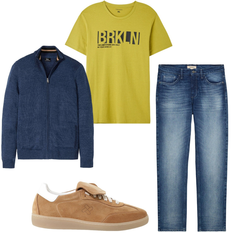 Outfit uomo - Total look #2235914. Stile Casual per Tutti i giorni. Abbinamento con cardigans, jeans dritti, t-shirt, sneakers.