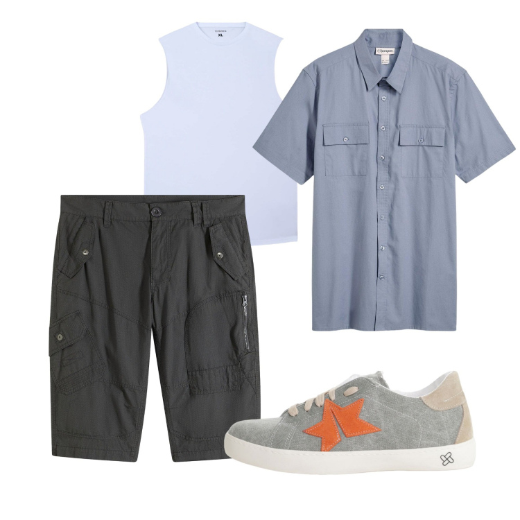 Outfit uomo - City e total look. Stile Casual per Tutti i giorni. Abbinamento con bermuda, camicie a manica corta, canottiere, sneakers.