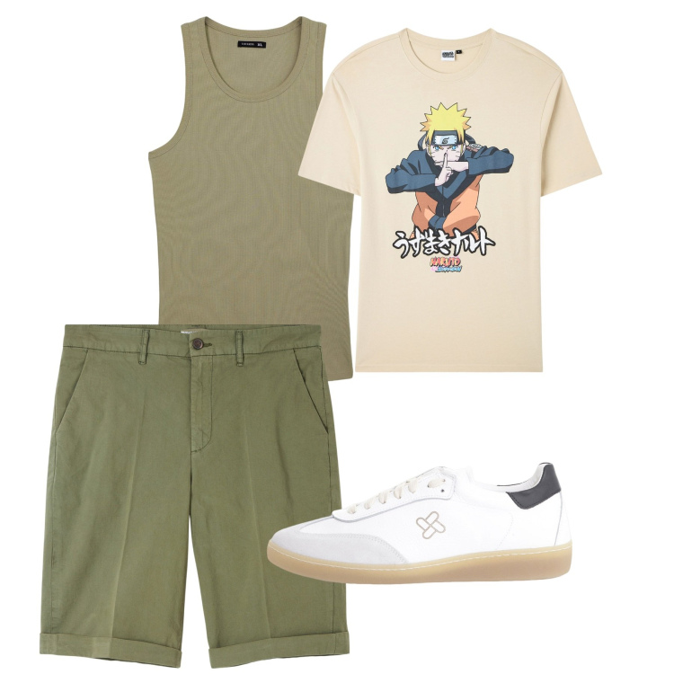Outfit uomo - City e total look. Stile Casual per Tutti i giorni. Abbinamento con t-shirt, bermuda, canottiere, sneakers.