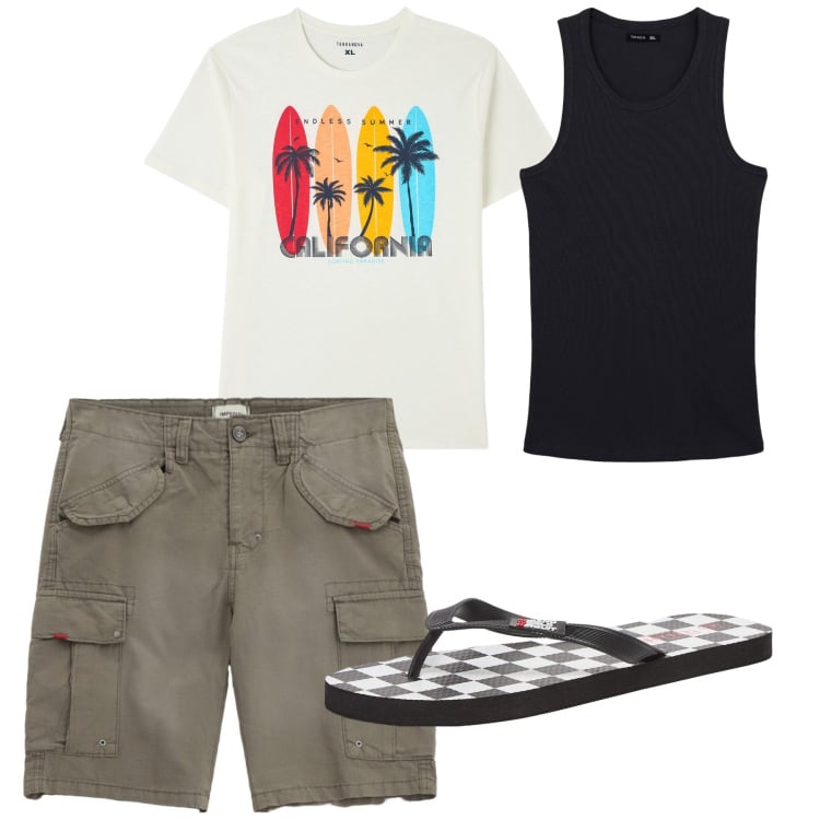 Outfit uomo - City e total look. Stile Casual per Tutti i giorni. Abbinamento con sandali, t-shirt, canottiere, bermuda.