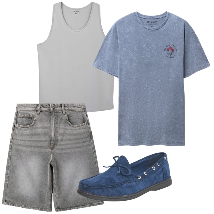 Outfit uomo - City e total look. Stile Casual per Tutti i giorni. Abbinamento con scarpe stringate, canottiere, bermuda, t-shirt.