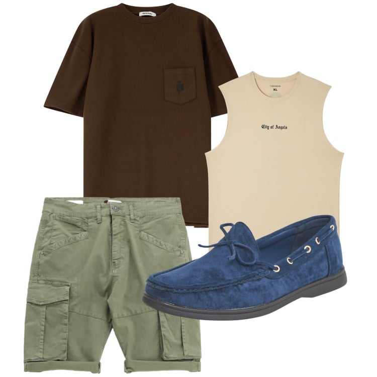 Outfit uomo - City e total look. Stile Casual per Tutti i giorni. Abbinamento con scarpe stringate, canottiere, bermuda, t-shirt.
