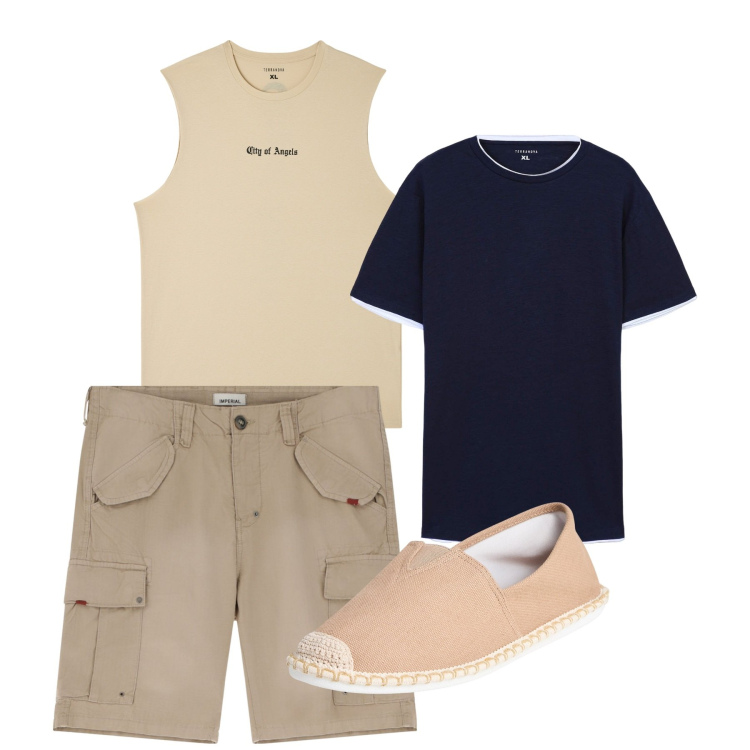 Outfit uomo - City e total look. Stile Casual per Tutti i giorni. Abbinamento con canottiere, espadrillas, t-shirt, bermuda.