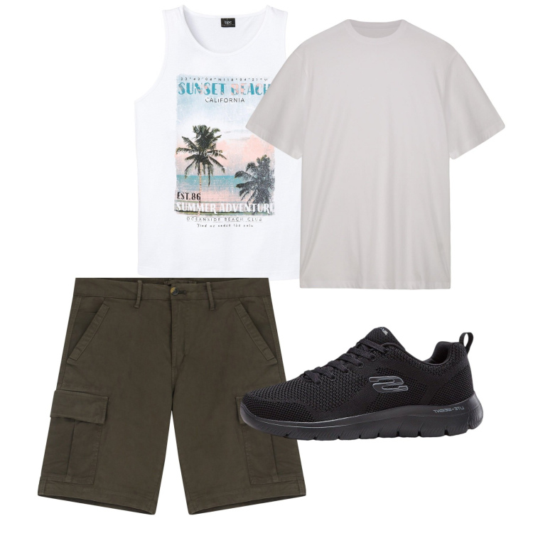Outfit uomo - City e total look. Stile Casual per Tutti i giorni. Abbinamento con sneakers, canottiere, bermuda, t-shirt.