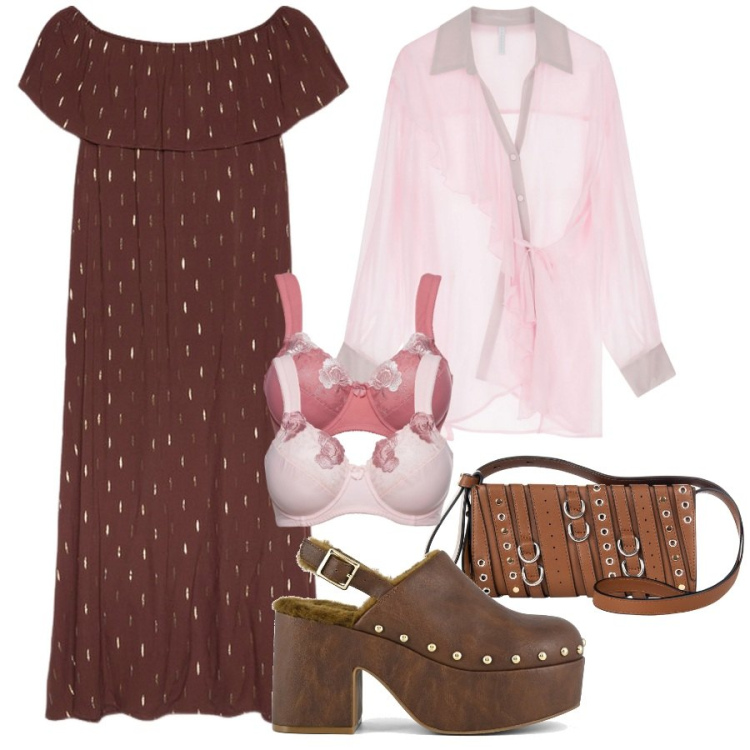 Outfit donna - Marrone e rosa a settembre. Stile Romantica per Tutti i giorni. Abbinamento con reggiseni, borse a spalla, camicie, vestiti lunghi, sabot.