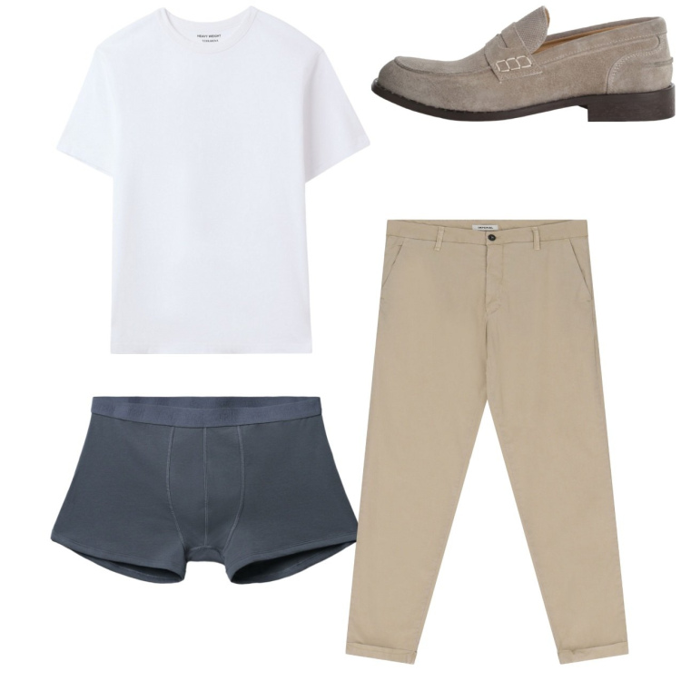 Outfit uomo - Total look #2235969. Stile Casual per Tutti i giorni. Abbinamento con t-shirt, boxer, pantaloni chino, scarpe stringate.