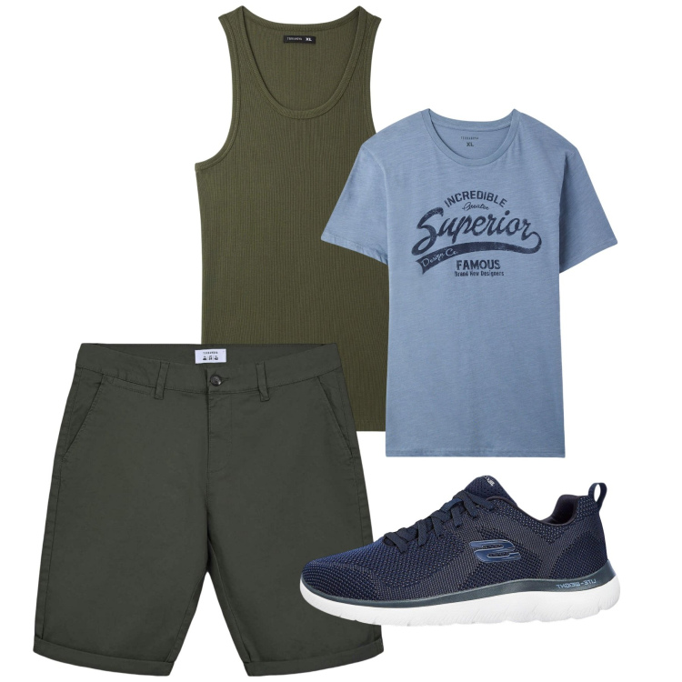 Outfit uomo - City e total look. Stile Casual per Tutti i giorni. Abbinamento con sneakers, bermuda, canottiere, t-shirt.