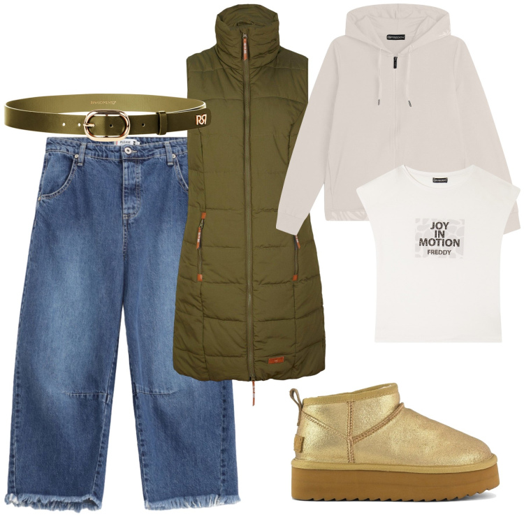 Outfit donna - Un anticipo di inverno. Stile Urban per Scuola/Università. Abbinamento con gilet, cinture, jeans, felpe con cappuccio, t-shirt, stivaletti.