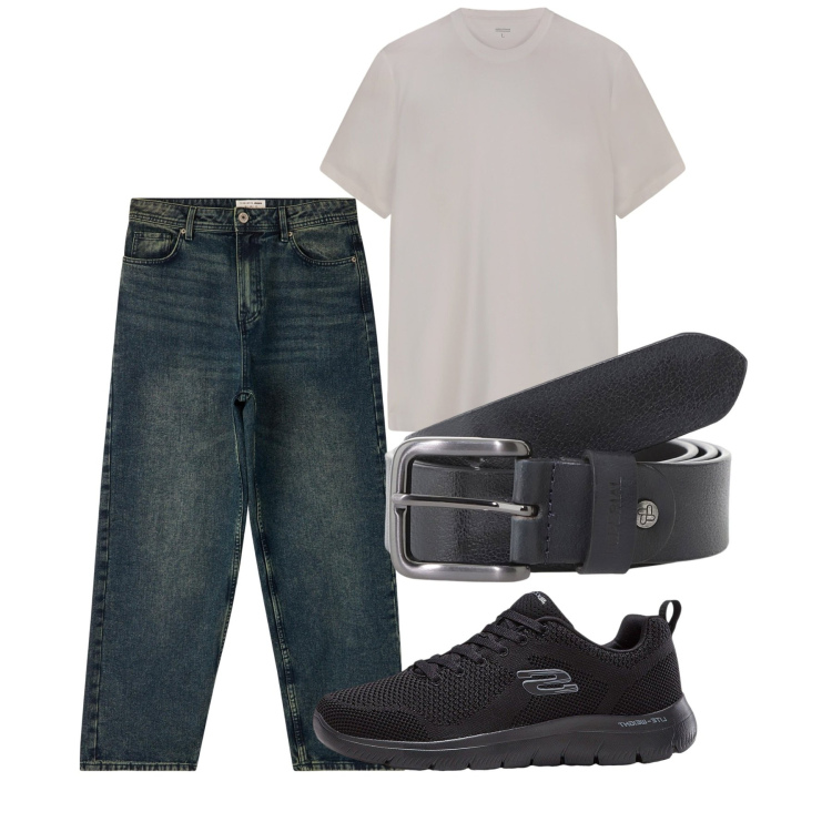 Outfit uomo - City e total look. Stile Casual per Tutti i giorni. Abbinamento con sneakers, jeans, cinture, t-shirt.