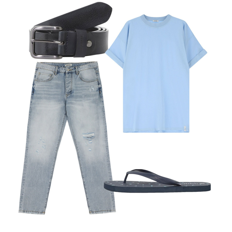 Outfit uomo - City e total look. Stile Casual per Tutti i giorni. Abbinamento con sandali, jeans strappati, cinture, t-shirt.