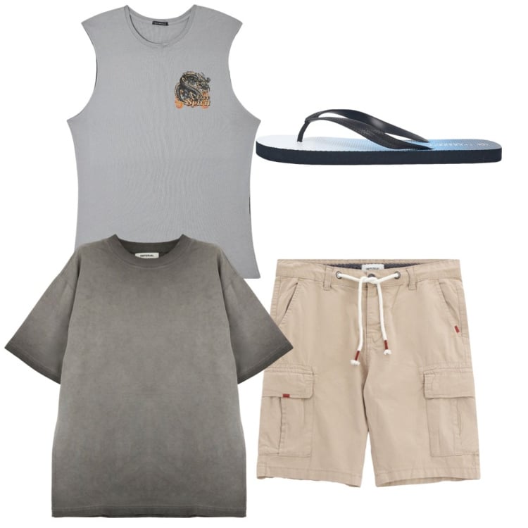 Outfit uomo - Total look #2235989. Stile Casual per Tutti i giorni. Abbinamento con canottiere, sandali, t-shirt, bermuda.
