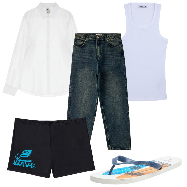 Outfit uomo - Total look #2235990. Stile Trendy per Mare. Abbinamento con costumi, sandali, jeans, canottiere, camicie.