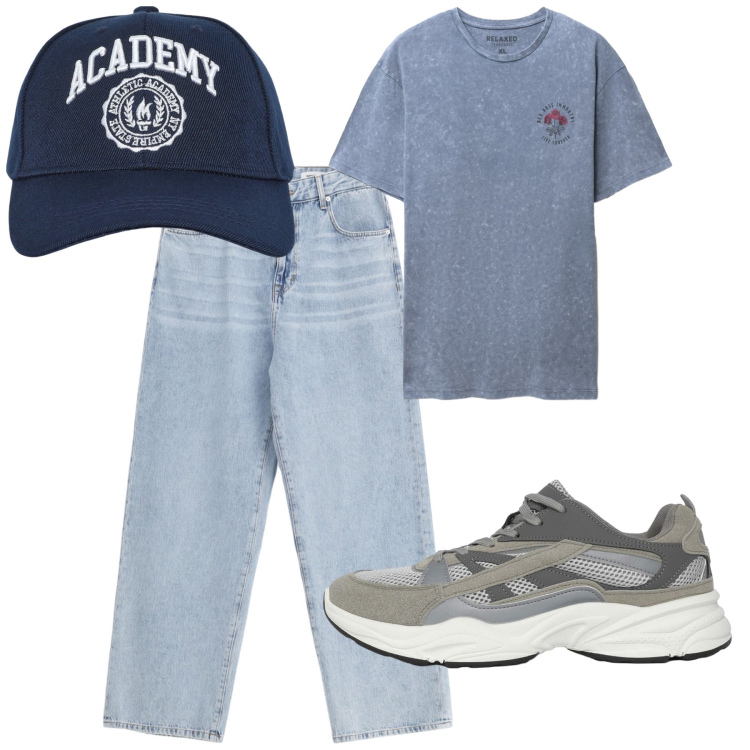 Outfit uomo - City e total look. Stile Casual per Tutti i giorni. Abbinamento con sneakers, t-shirt, cappelli con visiera, jeans.