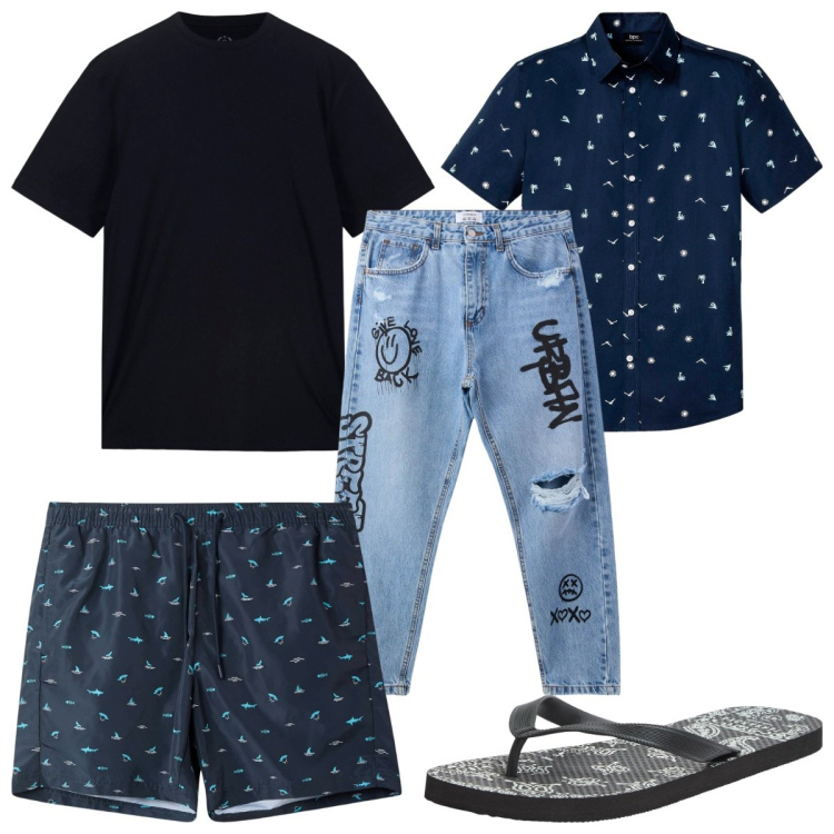 Outfit uomo - Total look #2235995. Stile Urban per Mare. Abbinamento con camicie a manica corta, sandali, jeans strappati, costumi, t-shirt.